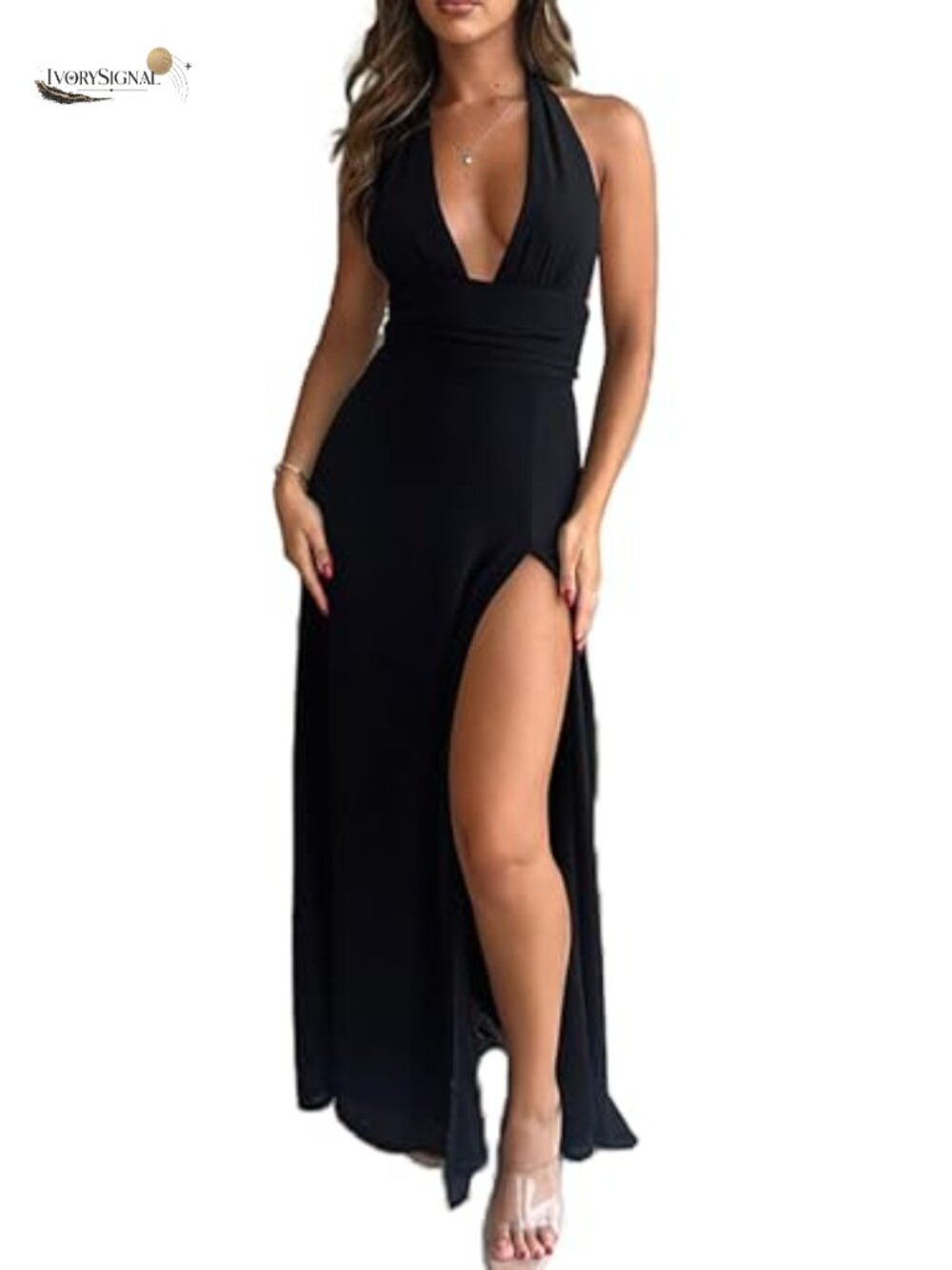 Womens Sexy Halter Deep V Neck High Slit Maxi Dress